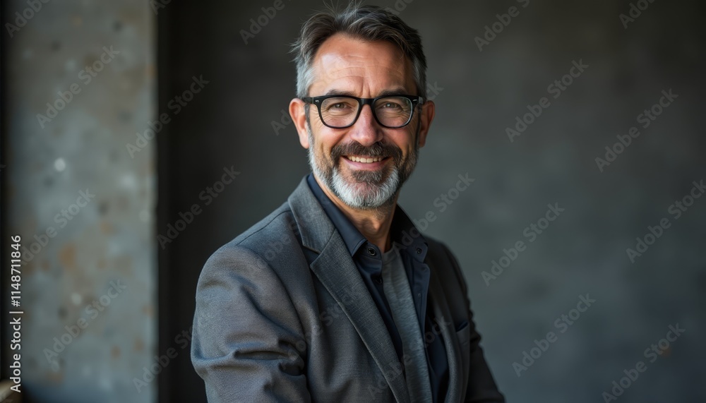 A man with glasses and a beard smiles at the camera A man with glasses and a beard smiles at the camera