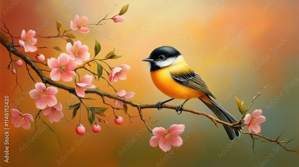 Serene Bird on Blossom Branch: A picturesque scene of a vibrant bird perched on a flowering cherry blossom branch, capturing the essence of spring's gentle beauty. Serene Bird on Blossom Branch: A picturesque scene of a vibrant bird perched on a flowering cherry blossom branch, capturing the essence of spring's gentle beauty.