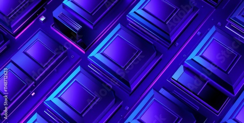 A row of blue computer chips are shown in a pattern. The image has a futuristic and technological feel to it photo