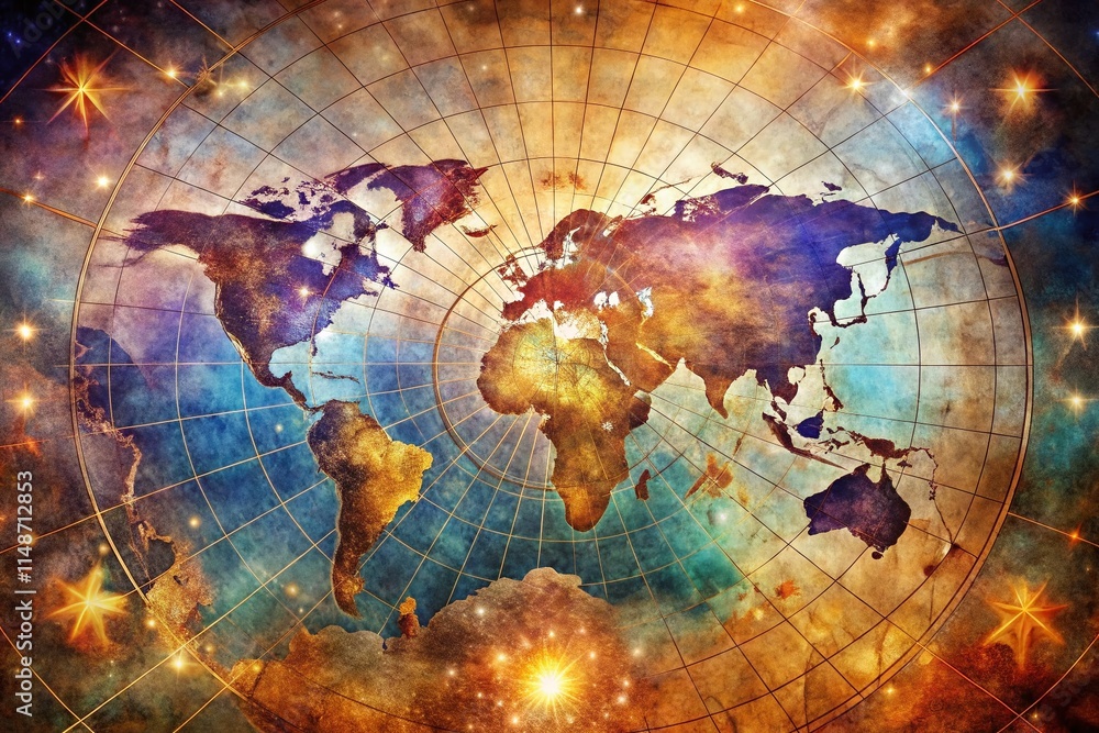 Obraz premium Ancient Map Double Exposure Wallpaper: Mystical World Exploration