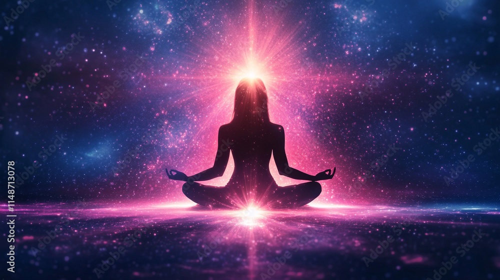 Serene woman meditating viewed from behind surrounded by vibrant abstract glowing lights representing positive energy harmony inner peace amidst chaos and balance in a mystical enchanting setting
Serene woman meditating viewed from behind surrounded by vibrant abstract glowing lights representing positive energy harmony inner peace amidst chaos and balance in a mystical enchanting setting