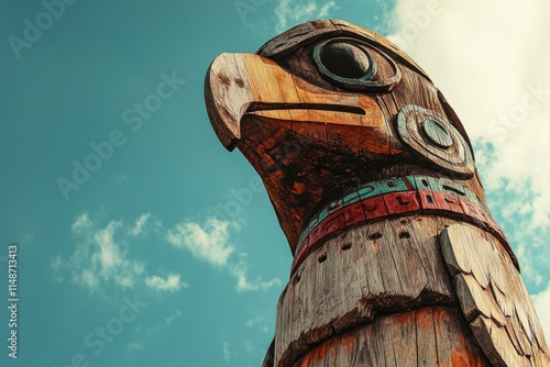 A wooden bird sculpture in Korea under a blue sky photo