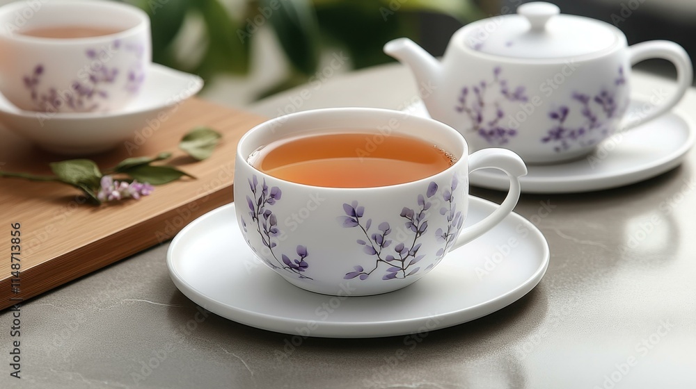 Elegant tea party settings Freshly brewed tea in teapot Elegant tea party settings Freshly brewed tea in teapot