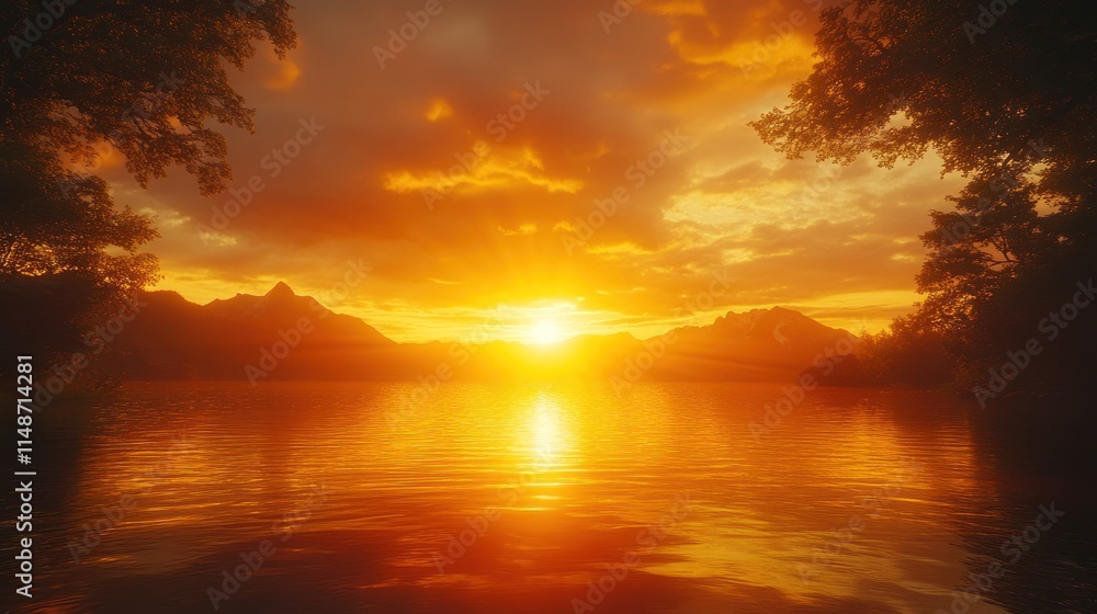 Fototapeta premium Fiery sunset over a tranquil lake and mountains.