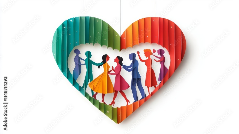 Fototapeta premium Colorful heart illustration depicting joyful dancers celebrating love and togetherness.