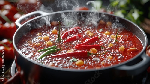 Spicy chili peppers simmering in a vibrant pot of sauce on a kitchen stove photo