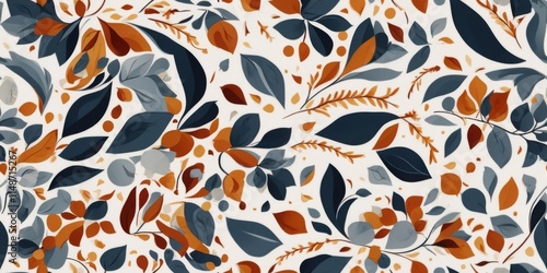 A colorful leafy pattern with blue and orange leaves. The leaves are scattered all over the background