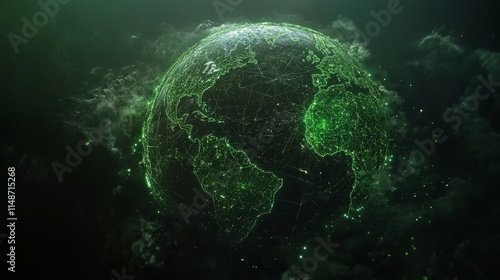 Fototapeta Naklejka Na Ścianę i Meble -  Map of the planet. Global social network. Future. Vector.Green futuristic background with planet Earth. Internet and technology. Floating Green plexus geometric background.