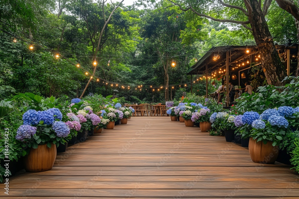 Fototapeta premium Lush Wooden Pathway Lined A serene wooden walkway lined with vibrant hydrangea bushes in various shades of blue and purple leads to a rustic-style gazebo in a lush, green forest setting.
