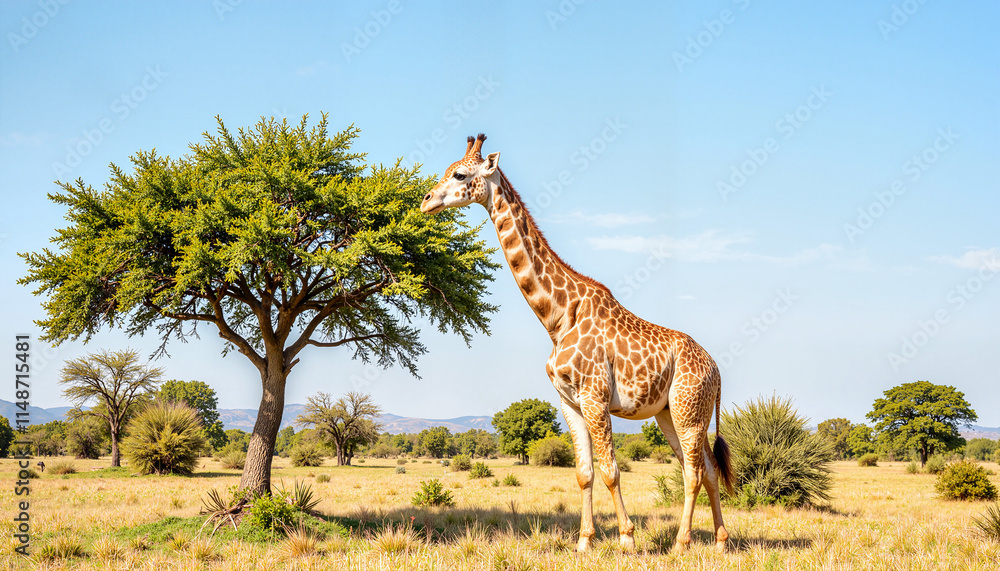 Fototapeta premium A giraffe stretches its long neck to browse leaves on a tree in a vast savanna setting