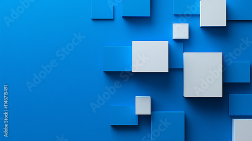 Abstract white 3D geometric shapes on a gradient blue background forming a modern banner with a sense of depth elegance and order symbolizing creativity innovation and the harmony between chaos and st