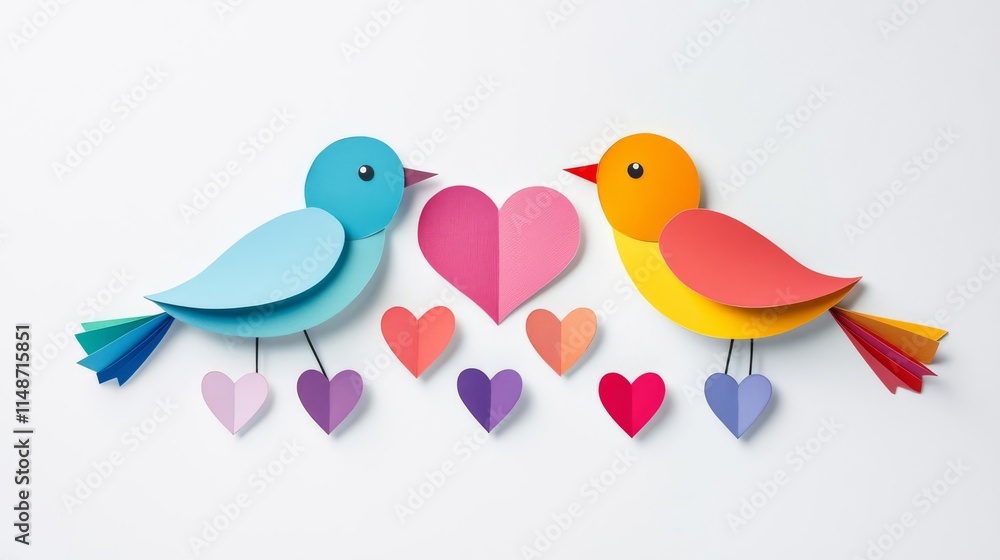 Colorful paper birds with hearts symbolize love and friendship in a creative style. Colorful paper birds with hearts symbolize love and friendship in a creative style.