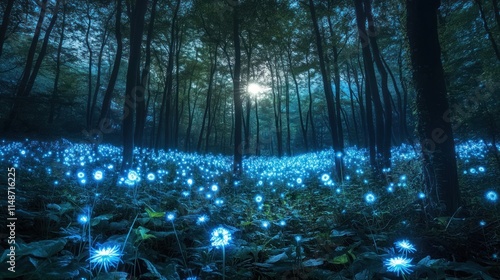 Enchanting moonlit forest with glowing blue flowers.