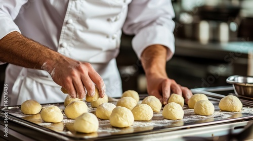 Fototapeta Naklejka Na Ścianę i Meble -  A focused chef in a professional kitchen carefully arranges dough circles on a tray, showcasing culinary precision and commitment in a bustling restaurant setting