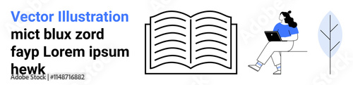 Open book icon, woman on bench with laptop, and minimalist tree. Ideal for e-learning, digital education, online courses, self-study, reading, technology, remote learning. Landing page