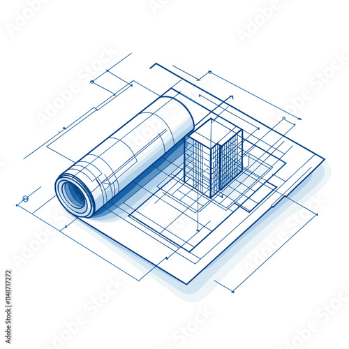 Architectural blueprint showing building design with rolled plans on workspace