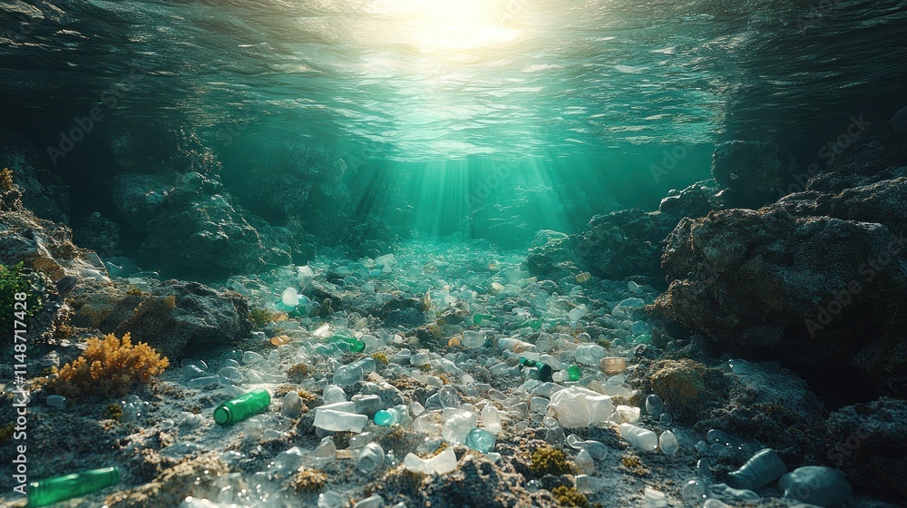 Fototapeta premium Sunbeams illuminate ocean floor littered with plastic waste near coral reef.