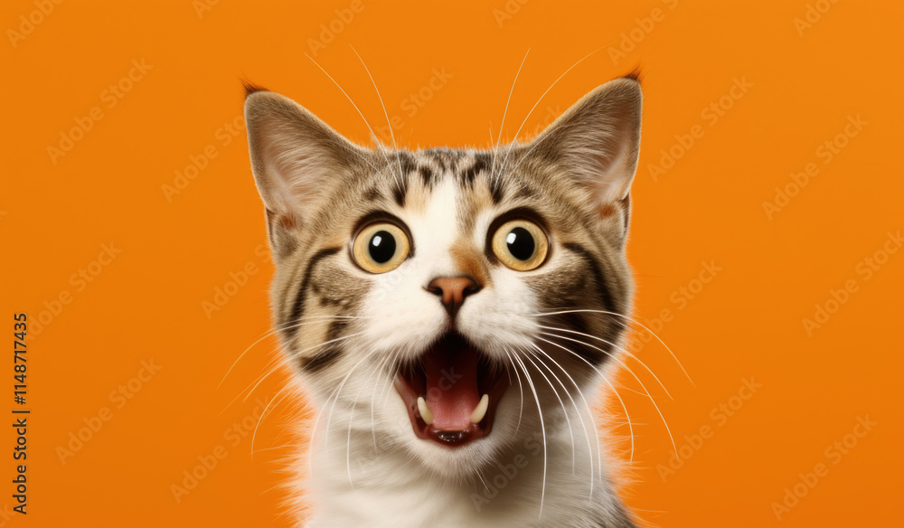 Adorable close-up of a surprised tabby cat with wide eyes and an open mouth, set against a bold orange background. Ideal for playful, humorous, or pet-related concepts Adorable close-up of a surprised tabby cat with wide eyes and an open mouth, set against a bold orange background. Ideal for playful, humorous, or pet-related concepts