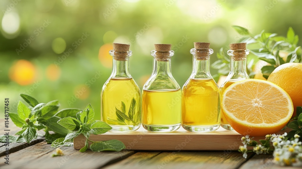Bottles of oils with fresh herbs and a lemon, set against a blurred natural background. Bottles of oils with fresh herbs and a lemon, set against a blurred natural background.