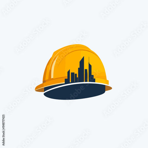 Construction helmet design featuring a city skyline in a modern, graphic style