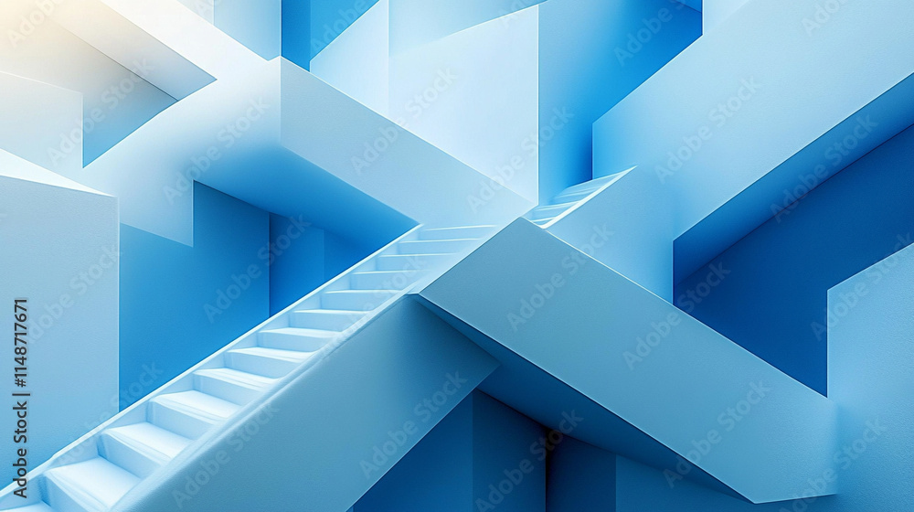 Abstract white 3D geometric shapes on a gradient blue background forming a modern banner with a sense of depth elegance and order symbolizing creativity innovation and the harmony between chaos and st Abstract white 3D geometric shapes on a gradient blue background forming a modern banner with a sense of depth elegance and order symbolizing creativity innovation and the harmony between chaos and st