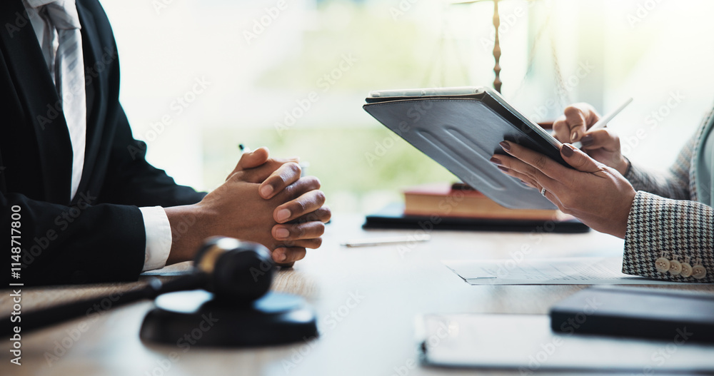 © peopleimages.com - Hands, people and legal meeting with tablet, signature and contract review for company compliance. Attorney, lawyer and tech for consultation, digital document and feedback at corporate law firm