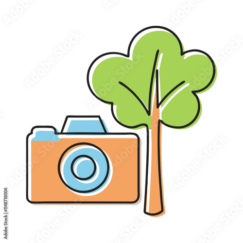 Ecological tourism icon featuring a simple wildlife camera next to a tree symbolizing nature appreciation