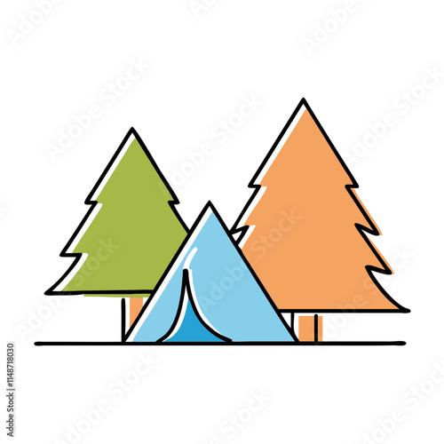 Ecological tourism icon featuring a tent under a pine tree in a serene forest setting