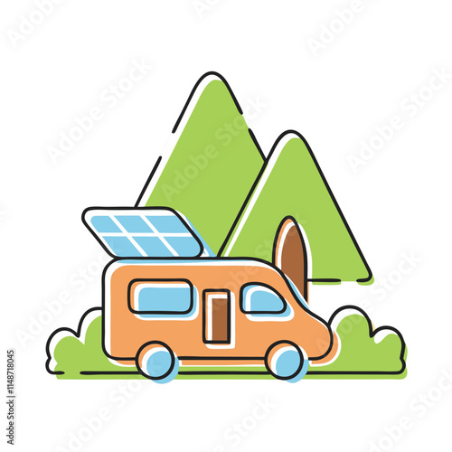 Ecological tourism with solar panel camper van surrounded by mountains in a natural setting