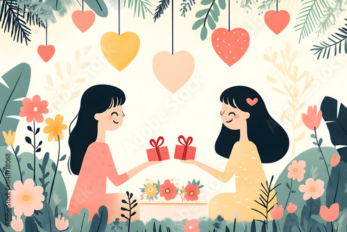 Two smiling women exchanging gift boxes surrounded by colorful flowers, heart decorations, and greenery in a whimsical illustration symbolizing friendship and celebration