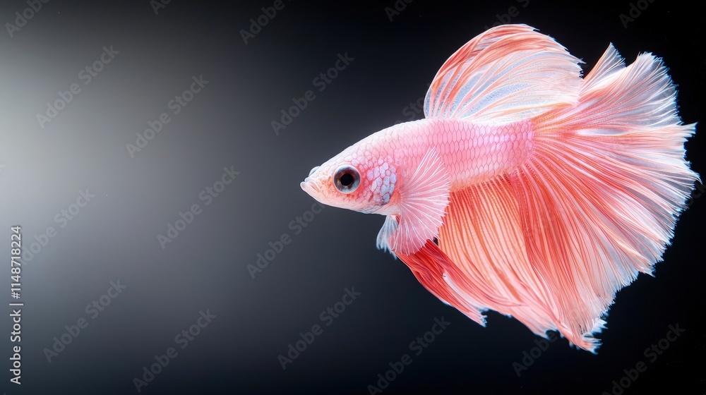 Obraz premium Pink betta fish with flowing fins against a dark background.