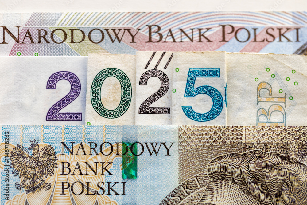 2025 in Polish zlotys. Poland money, Banknotes arranged in 2025, Concept, financial and economic analysis of the Polish. close up, flat lay,