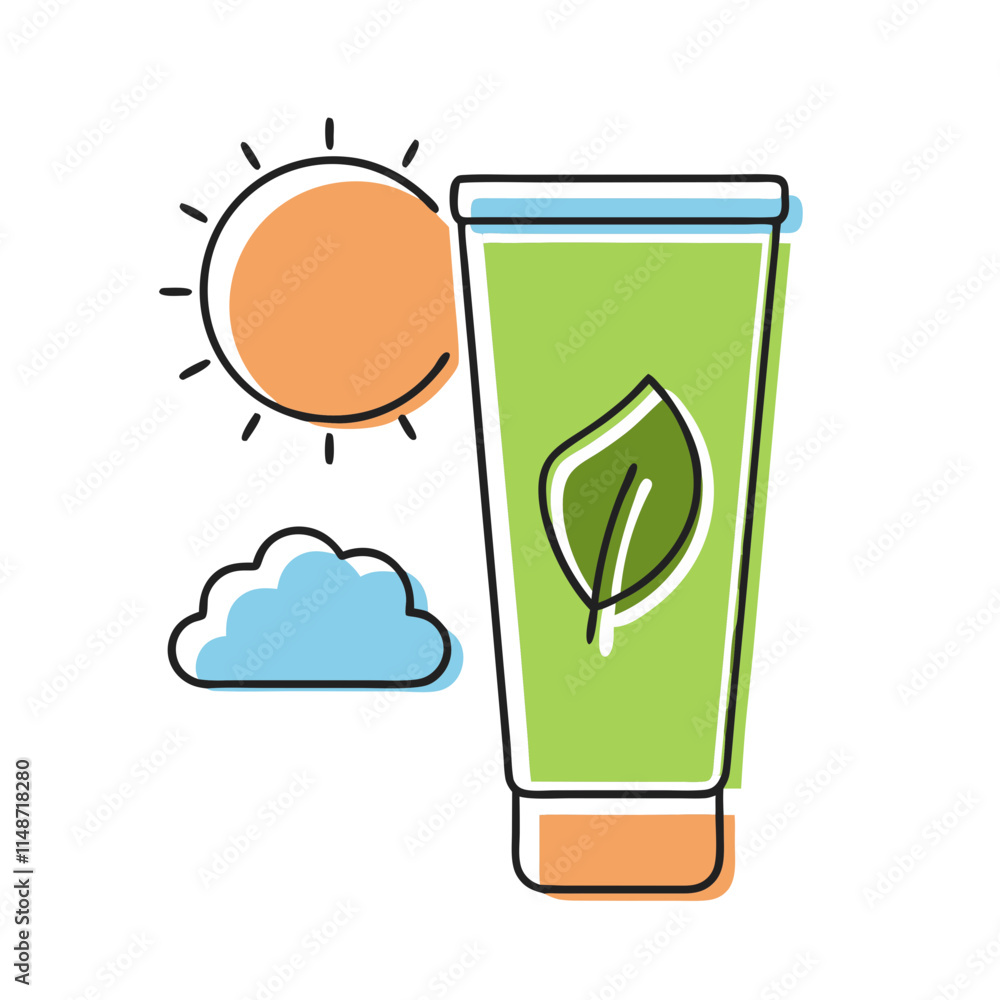 Ecological tourism icon showcasing eco-friendly sunscreen tube with sun and cloud elements Ecological tourism icon showcasing eco-friendly sunscreen tube with sun and cloud elements