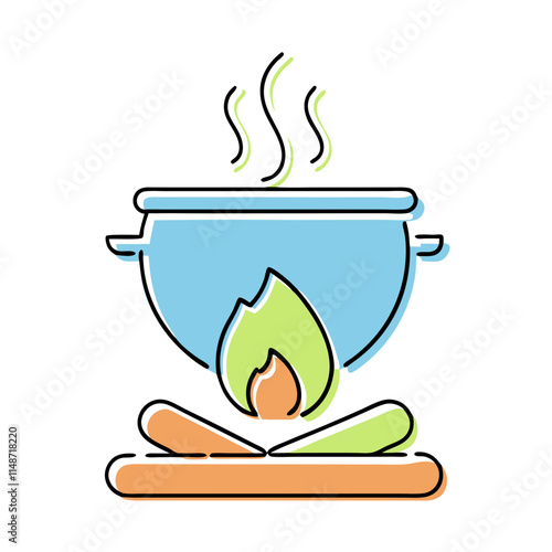 Campfire cooking pot icon representing ecological tourism activities in nature retreats