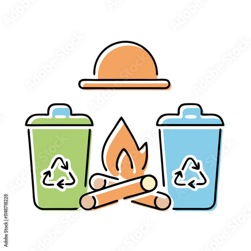 Ecological tourism symbol with campfire and zero waste trash bins for sustainable outdoor adventures