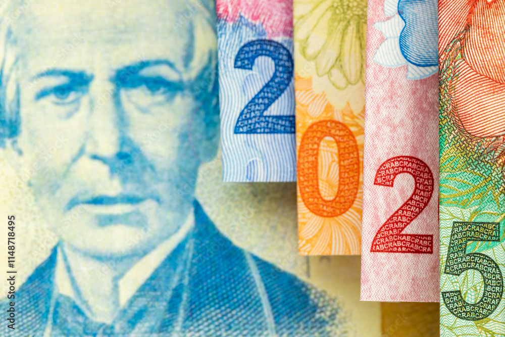 2025 in Argentine pesos, Argentinian money, Banknotes arranged in the symbol of 2025, Concept, financial analysis, economy of Argentina. close up, Flat lay, Business background