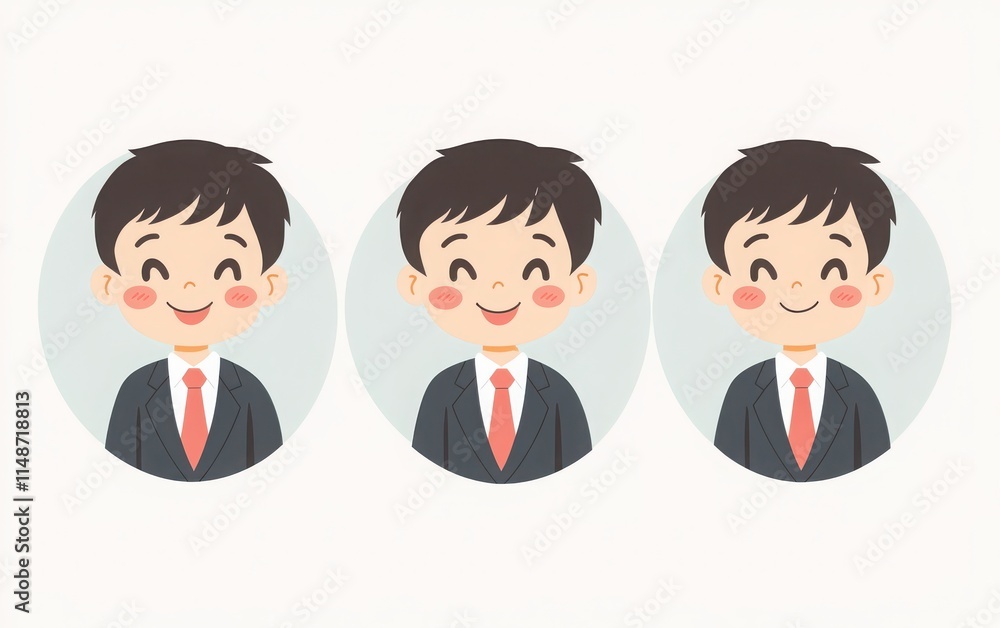 A set of cute, simple vector icons depicting a high school boy student in a suit and tie with a happy expression. A set of cute, simple vector icons depicting a high school boy student in a suit and tie with a happy expression.