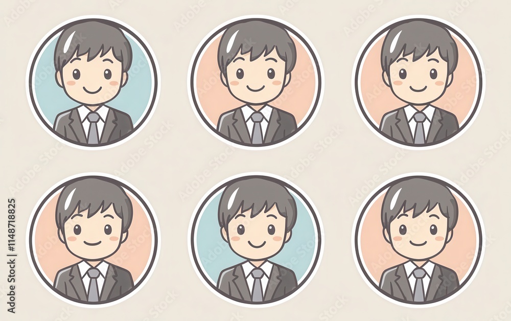 A set of cute, simple vector icons depicting a high school boy student in a suit and tie with a happy expression. A set of cute, simple vector icons depicting a high school boy student in a suit and tie with a happy expression.