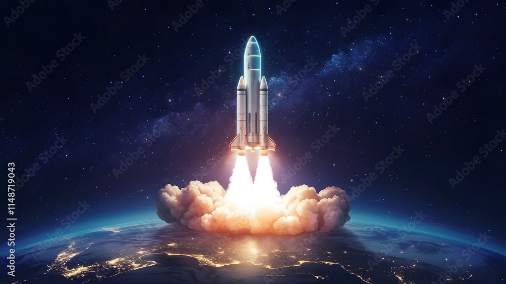 Naklejka premium Neon Odyssey A Futuristic Rocket Launch into the Stars