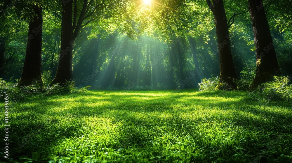 Fototapeta premium Sunbeams illuminating lush green forest.