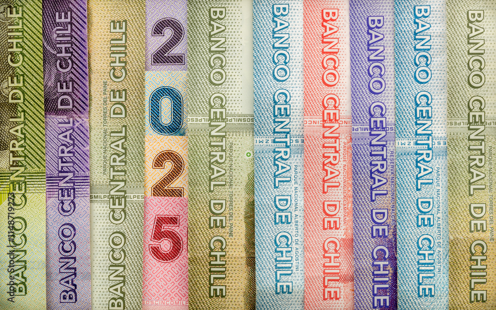 2025 in Chilean peso. Chile money, Banknotes arranged in the symbol of 2025, Concept, financial and economic analysis of Chile. close up, Business background, flat lay