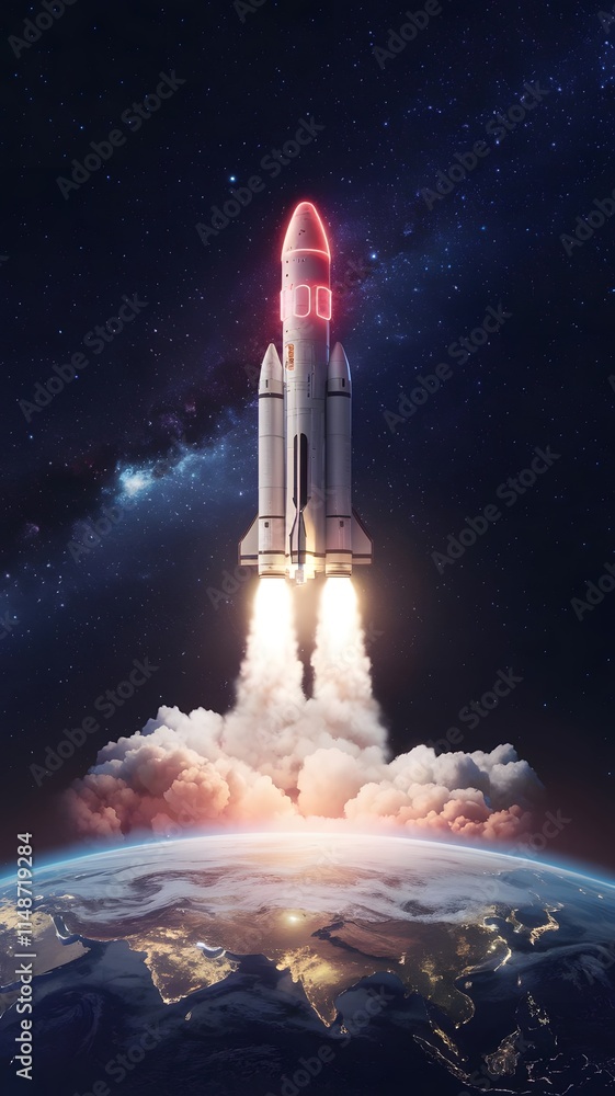 Naklejka premium Neon Odyssey A Futuristic Rocket Launch into the Stars