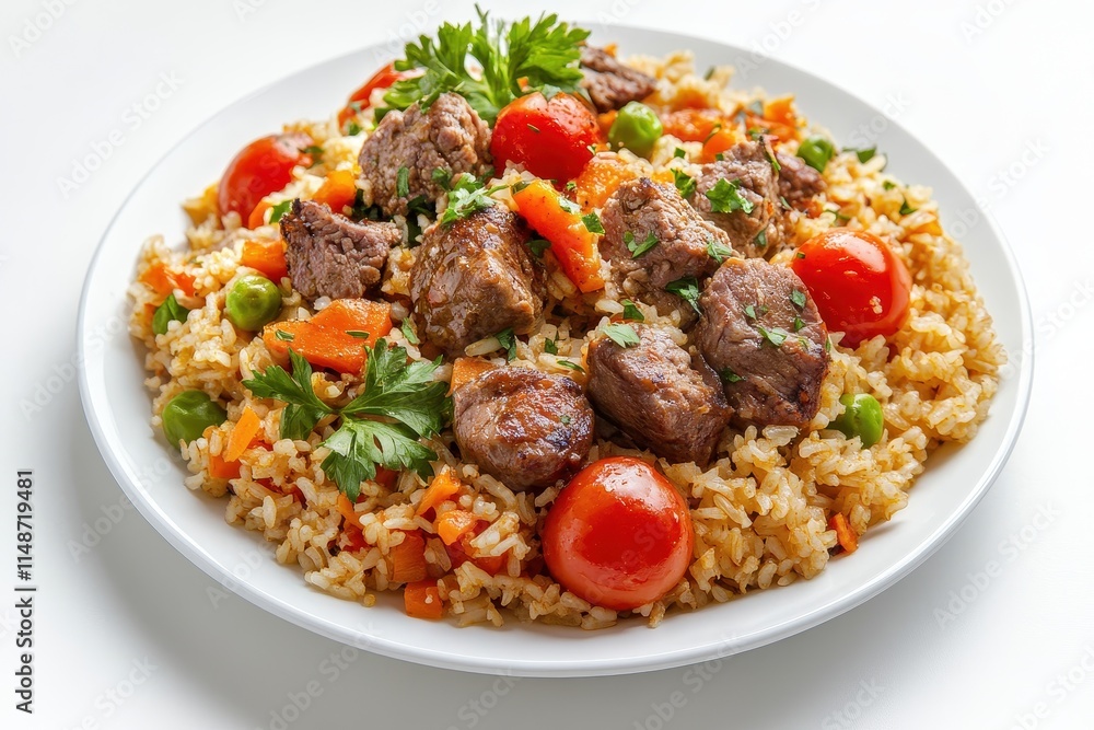Aromatic meat and vegetable pilaf displayed on a white background Aromatic meat and vegetable pilaf displayed on a white background
