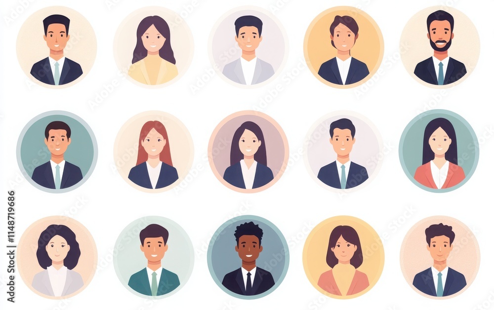 Set of avatar icons for business people in a flat design, featuring simple shapes and pastel colors. The icons have round backgrounds with a white backdrop and no shadows or gradients. Set of avatar icons for business people in a flat design, featuring simple shapes and pastel colors. The icons have round backgrounds with a white backdrop and no shadows or gradients.