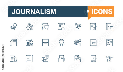 Journalism icon set. Contains such icons as icon, men, internet, media, photo, radio and more. Perfect for logos and infographics. Editable vector stroke.