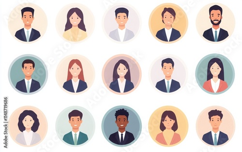 Set of avatar icons for business people in a flat design, featuring simple shapes and pastel colors. The icons have round backgrounds with a white backdrop and no shadows or gradients. 
