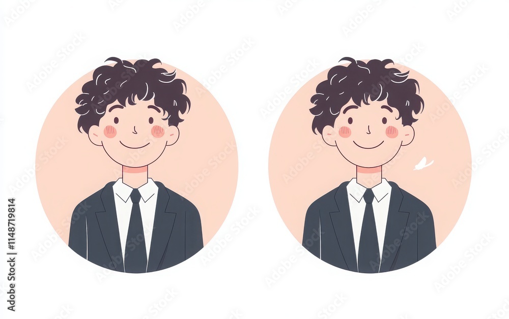 Set of cute, simple vector icons featuring a high school boy student avatar in a suit and tie, expressing a happy face. Set of cute, simple vector icons featuring a high school boy student avatar in a suit and tie, expressing a happy face.