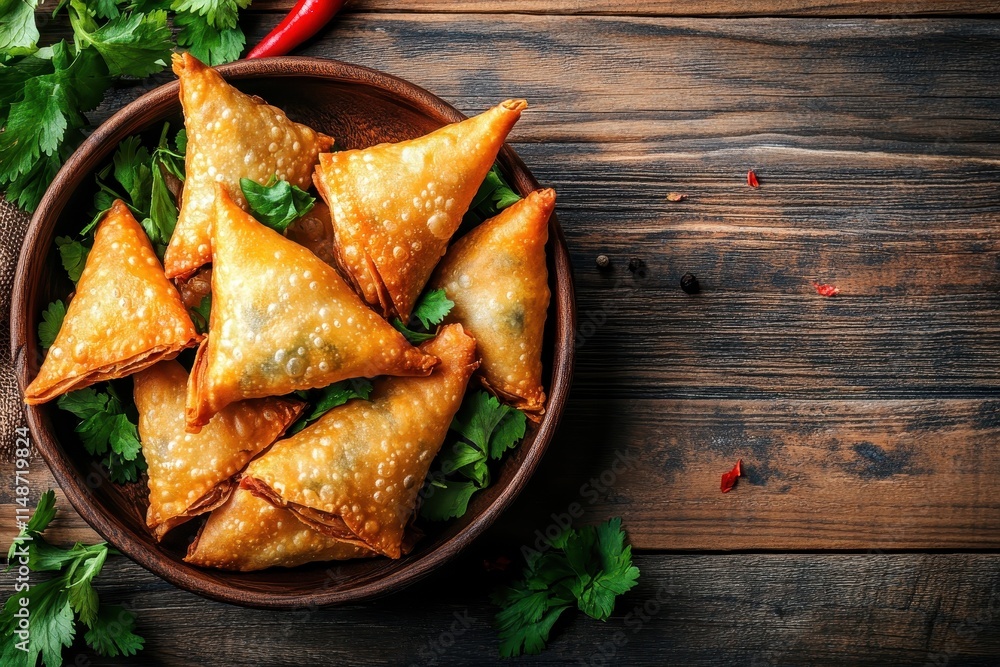 Asian cuisine Chicken filled samosa with herbs on wood surface Overhead view Asian cuisine Chicken filled samosa with herbs on wood surface Overhead view