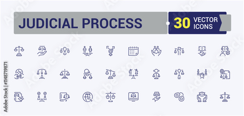 Judicial Process icon. Contains related to crime, tribunal, arrest, judgment, authority, briefcase and more. Minimalistic icons. Editable stroke.