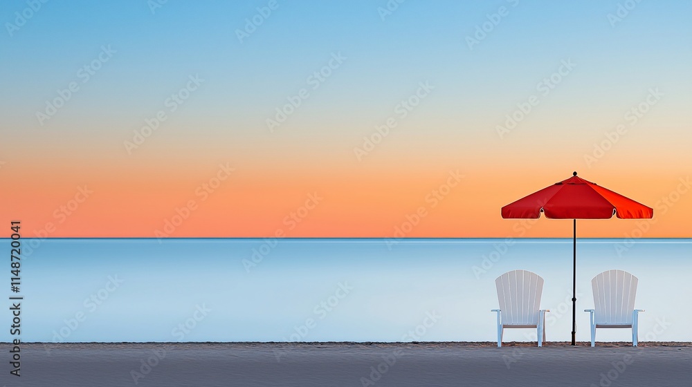 Serene sunset beach scene with two white chairs and a red umbrella. Serene sunset beach scene with two white chairs and a red umbrella.